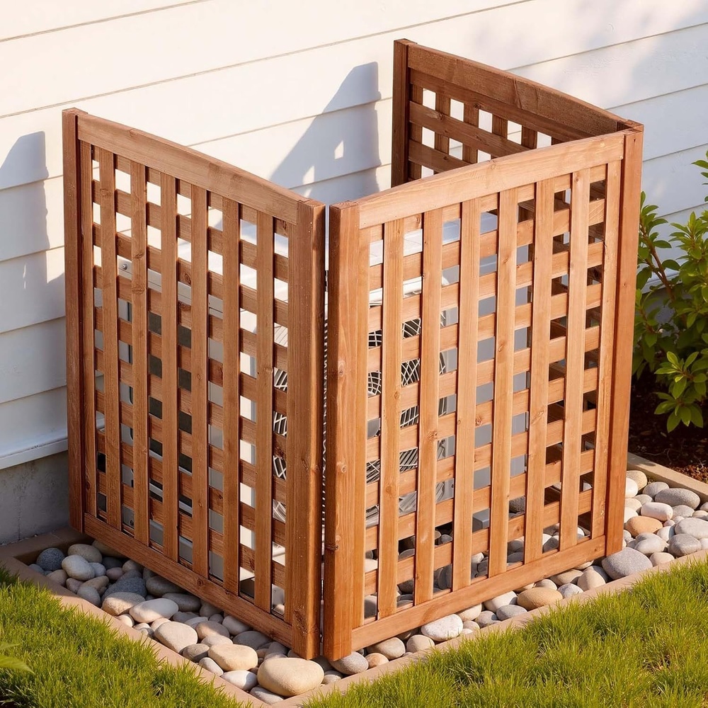 image:imageVEVOR Wooden Privacy Fence 48 x 49 inch Air Conditioner Fence 2 Panel Solid Outdoor Wood Privacy Screen with Metal Stakes Steel Frame Trash Can Hider Fences Suitable for Garden Pool3