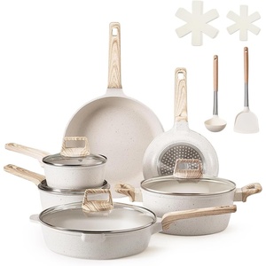 VEVOR 17 Piece Pots and Pans Set, Granite Nonstick Cookware Set, Induction Cookwares, Kitchen RV Cooking Sets with Frying, Sauce, Saute, Tempered Glass Lids, and Pan Protectors, White(17pcs-White)