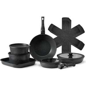 VEVOR 17 Piece Pots and Pans Set, Granite Nonstick Detachable Handle Cookware, Space Saving Induction Cookwares, Kitchen RV Cooking Sets with Frying, Sauce, Saute, Tempered Glass Lid, Oven Safe, Black(Black)