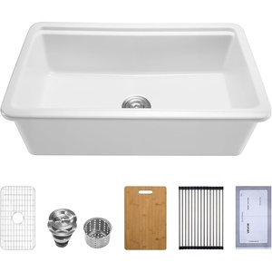 VEVOR 33×19 inch Farmhouse Sink, White Sink Workstation, Fireclay Topmount Undermount Basin, Drop-In Single Bowl Basin with Multiple Accessories, Large Capacity Household Dishwasher Sinks for Kitchen(33″W*19″D*10″H Undermount Sink)