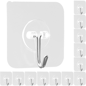 VEVOR Adhesive Hooks, 12 Pack Self-Adhesive Towel Coat Hooks, Heavy-Duty Wall Hook Hold 15 lbs (Max), Stainless Steel Sticky Hanger, for Bathroom, Kitchen, Hanging Towel, Coat & Keys (Transparent)(Transparent-Adhesive-12)