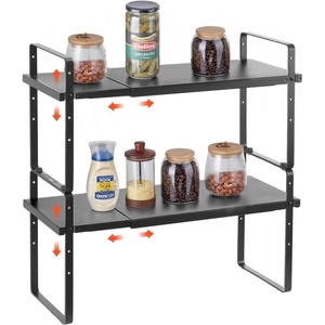 VEVOR Adjustable Kitchen Cabinet Shelf Organizer, Expandable 2 Tier Cabinet Shelf, Stackable Countertop Organizers and Storage Risers, Pantry for Kitchen Bathroom Office, White(Black)