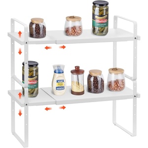 VEVOR Adjustable Kitchen Cabinet Shelf Organizer, Expandable 2 Tier Cabinet Shelf, Stackable Countertop Organizers and Storage Risers, Pantry for Kitchen Bathroom Office, White(White)