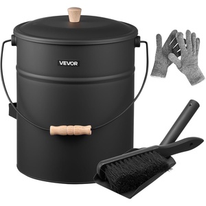 VEVOR Ash Bucket, 4 PCS with Lid, Shovel, Broom and Gloves, Metal Fireplace Charcoal Bucket and Ash Can, 2.6 GAL Large Capacity for Fireplace, Fire Pits, Wood Burning Stoves, Indoor and Outdoor(4 Gal)