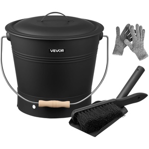 VEVOR Ash Bucket, 4 PCS with Lid, Shovel, Broom and Gloves, Metal Fireplace Charcoal Bucket and Ash Can, 2.6 GAL Large Capacity for Fireplace, Fire Pits, Wood Burning Stoves, Indoor and Outdoor(2.6 Gal)