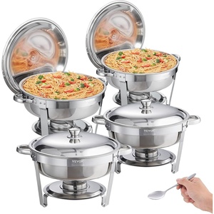 VEVOR Chafing Dish Buffet Set, 5 Qt 4 Pack, Stainless Steel Chafer with 4 Full Size Pans, Round Catering Warmer Server with Lid Water Pan Folding Stand Clip, for Weddings Parties Banquets, Silver(Silver-White)
