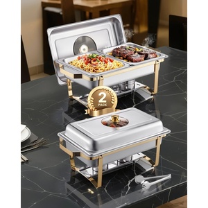 VEVOR Chafing Dish Buffet Set, 8 Qt 2 Pack, Stainless Steel Chafer with 2 Full Size Pans, Rectangle Catering Warmer Server with Glass Lid Water Pan Folding Stand Fuel Holder, for Wedding Party Banquet(Gold)