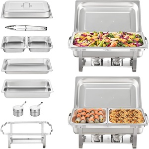 VEVOR Chafing Dish Buffet Set, 8 Qt 2 Pack, Stainless Steel Chafer with 2 Full Size Pans, Rectangle Catering Warmer Server with Glass Lid Water Pan Folding Stand Fuel Holder, for Wedding Party Banquet(Silver)