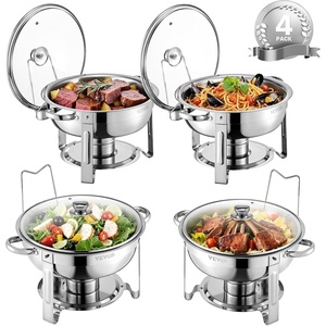 VEVOR Chafing Dish Buffet Set,5 Qt 2 Pack,Stainless Steel Chafer with 2 Full Size Pan,Round Catering Warmer Server with Glass Lid Water Pan Folding Stand Fuel Holder, for Wedding Party Banquet, Silver(Silver)