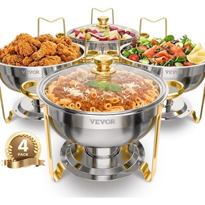 VEVOR Chafing Dish Buffet Set,5 Qt 2 Pack,Stainless Steel Chafer with 2 Full Size Pan,Round Catering Warmer Server with Glass Lid Water Pan Folding Stand Fuel Holder, for Wedding Party Banquet, Silver(Gold)