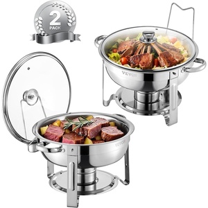 VEVOR Chafing Dish Buffet Set,5 Qt 2 Pack,Stainless Steel Chafer with 2 Full Size Pan,Round Catering Warmer Server with Glass Lid Water Pan Folding Stand Fuel Holder, for Wedding Party Banquet, Silver(Silver-white)