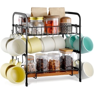 VEVOR Coffee Mug Holder for Countertop, 16 Hooks Coffee Cup Holder with Storage Base, 2 Tier Mugs Tree Rack Carbon Steel & Wood Mug Display Stand, for Coffee Bar Home Storage and Display(12 Hooks-Countertop)