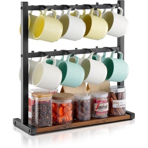 VEVOR Coffee Mug Holder for Countertop, 16 Hooks Coffee Cup Holder with Storage Base, 2 Tier Mugs Tree Rack Carbon Steel & Wood Mug Display Stand, for Coffee Bar Home Storage and Display(16 Hooks-Wood Mug)