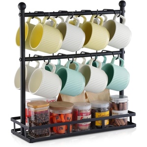 VEVOR Coffee Mug Holder for Countertop, 16 Hooks Coffee Cup Holder with Storage Base, 2 Tier Mugs Tree Rack Carbon Steel & Wood Mug Display Stand, for Coffee Bar Home Storage and Display(16 Hooks-Steel Mug)