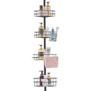 VEVOR Corner Shower Caddy Tension Pole, 4 Tier Adjustable Rustproof Organizer Shelves for Bathroom & Washroom, 42-114inch High, Black(Black)