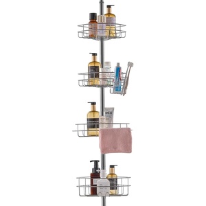 VEVOR Corner Shower Caddy Tension Pole, 4 Tier Adjustable Rustproof Organizer Shelves for Bathroom & Washroom, 42-114inch High, Black(Silver)