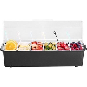 VEVOR Countertop Food Serving Display Container, 6 Pan Stainless Steel Food Serving Tray, Buffet Condiment Dispenser Display Rack with Clear Lid & 3 Freezer Boxes, for Restaurant Hotel Kitchen Party(0.5L×6)