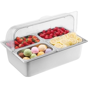 VEVOR Countertop Food Serving Display Container, 6 Pan Stainless Steel Food Serving Tray, Buffet Condiment Dispenser Display Rack with Clear Lid & 3 Freezer Boxes, for Restaurant Hotel Kitchen Party(2.5L×4)