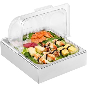 VEVOR Countertop Food Serving Display Container, 6 Pan Stainless Steel Food Serving Tray, Buffet Condiment Dispenser Display Rack with Clear Lid & 3 Freezer Boxes, for Restaurant Hotel Kitchen Party(1L×1)