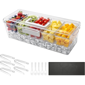 VEVOR Countertop Food Serving Display Container, 6 Pan Stainless Steel Food Serving Tray, Buffet Condiment Dispenser Display Rack with Clear Lid & 3 Freezer Boxes, for Restaurant Hotel Kitchen Party(500ML×5)