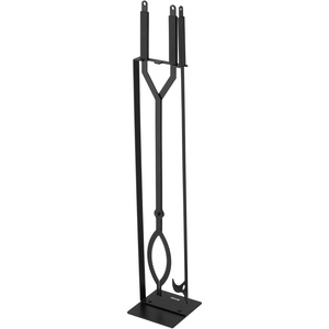 VEVOR Fireplace Tool Set, 5 PCS Fire Tool Set and Holder with Five-Prong Stand, Tongs, Ash Shovel, Brush, Fire Place Poker, Wrought Iron Fireplace Accessories for Indoor/Outdoor, Black & Brass(3 PCS)