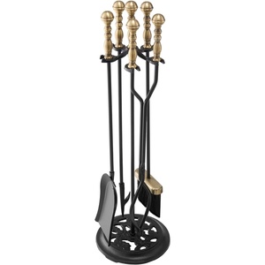 VEVOR Fireplace Tool Set, 5 PCS Fire Tool Set and Holder with Five-Prong Stand, Tongs, Ash Shovel, Brush, Fire Place Poker, Wrought Iron Fireplace Accessories for Indoor/Outdoor, Black & Brass(5PCS – Five-Prong Stand – Black & Brass)