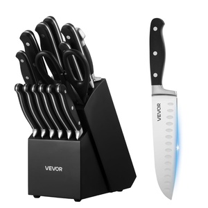 VEVOR Kitchen Knife Set with Block and Sharpener, 15 Piece German High Carbon Stainless Steel Sharp Knife Set, Kitchen Cutlery with Ergonomic Handle, Sharpening Rod and Wooden Block, for Home Cooks(Blade: Stainless Steel Silver; Handle: Black; Knife Block: Black)