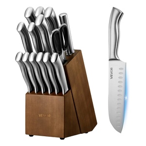 VEVOR Kitchen Knife Set with Block and Sharpener, 15 Piece German High Carbon Stainless Steel Sharp Knife Set, Kitchen Cutlery with Ergonomic Handle, Sharpening Rod and Wooden Block, for Home Cooks(Blade: Stainless Steel Silver; Handle: Stainless Steel Silver; Knife Block: Walnut Color)
