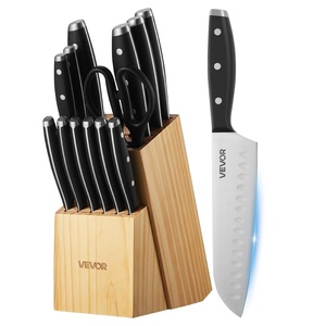 VEVOR Kitchen Knife Set with Block and Sharpener, 15 Piece German High Carbon Stainless Steel Sharp Knife Set, Kitchen Cutlery with Ergonomic Handle, Sharpening Rod and Wooden Block, for Home Cooks(Blade: Stainless Steel Silver; Handle: Black; Knife Block: Natural Wood Color)