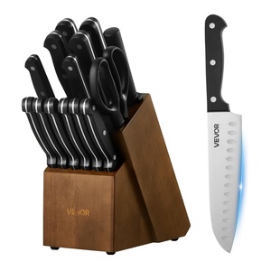 VEVOR Kitchen Knife Set with Block and Sharpener, 15 Piece German High Carbon Stainless Steel Sharp Knife Set, Kitchen Cutlery with Ergonomic Handle, Sharpening Rod and Wooden Block, for Home Cooks(Blade: Stainless Steel Silver; Handle: Black; Knife Block: Walnut Color)