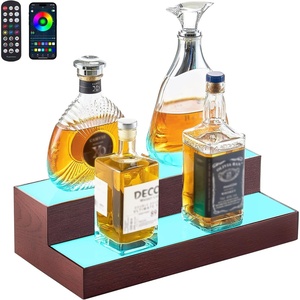 VEVOR LED Lighted Liquor Bottle Display, 3 Tier 70 Inch, Illuminated Home Bar Shelf with RF Remote & App Control, 7 Static Colors, Acrylic Lighted Whiskey Shelf for 52 Bottles, Powered by Adapter Only(2 Step 16 Inches（Wood+Acrylic）)