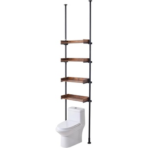 VEVOR Over Toilet Shelf, 4-Tier Adjustable AboveToilet Bathroom Storage, Low-Carbon Steel 53″-132″ Tall Storage Shelf Rack, Easy Assembly Laundry Space Saver, for Small Rooms, Fit Most Toilets(Aluminum+Wood)