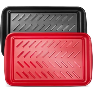 VEVOR Plastic Serving Trays, 2-Pack Grilling Prep and Serve Trays with Handles, 17×10.35 Inch Anti-Slip Melamine Food Tray, Ideal for BBQ, Kitchen, Cafeteria, Ottoman, Coffee Table, Black and Red
