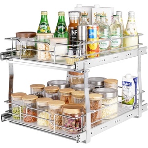 VEVOR Pull Out Cabinet Organizer, 14″ Wx21.2 Dx15.2 H Heavy 2 Tier Duty Slide Out Pantry Shelves, Chrome-Plated Steel Roll Out Drawer for Under Sink, 15.5″ Wx22.5 Dx19 H Install Size for Cabinet(17″Wx21.2″Dx15.2″H)