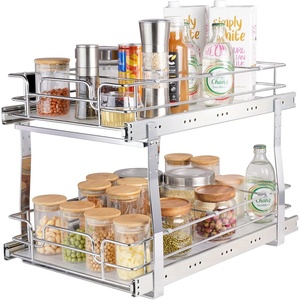 VEVOR Pull Out Cabinet Organizer, 14″ Wx21.2 Dx15.2 H Heavy 2 Tier Duty Slide Out Pantry Shelves, Chrome-Plated Steel Roll Out Drawer for Under Sink, 15.5″ Wx22.5 Dx19 H Install Size for Cabinet(14″Wx21.2″Dx15.2″H)