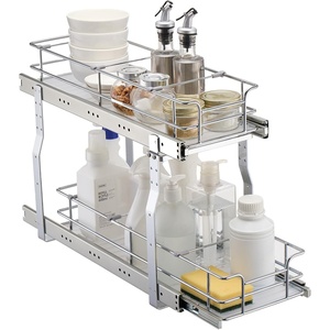 VEVOR Pull Out Cabinet Organizer, 14″ Wx21.2 Dx15.2 H Heavy 2 Tier Duty Slide Out Pantry Shelves, Chrome-Plated Steel Roll Out Drawer for Under Sink, 15.5″ Wx22.5 Dx19 H Install Size for Cabinet(8.5″W x 21″D x15.2″H)