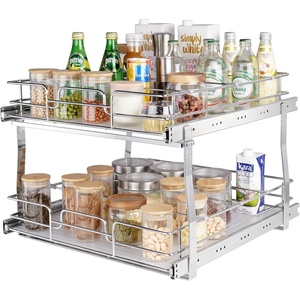 VEVOR Pull Out Cabinet Organizer, 14″ Wx21.2 Dx15.2 H Heavy 2 Tier Duty Slide Out Pantry Shelves, Chrome-Plated Steel Roll Out Drawer for Under Sink, 15.5″ Wx22.5 Dx19 H Install Size for Cabinet(20″Wx21.2″Dx15.2″H)