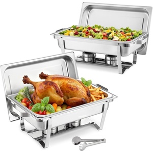 VEVOR Rectangle Chafing Dishes, 9 Qt 2 Pack Stainless Steel Chafing Dish, Food Warmer Chafer Complete Set with Hollow Handle, 1 Food Tongs, Lid, Canister Holder, Chafer Dishes for Banquet Wedding(2 PACKS)