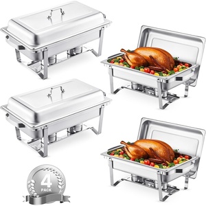 VEVOR Rectangle Chafing Dishes, 9 Qt 2 Pack Stainless Steel Chafing Dish, Food Warmer Chafer Complete Set with Hollow Handle, 1 Food Tongs, Lid, Canister Holder, Chafer Dishes for Banquet Wedding(4 PACKS Full Size Pans)