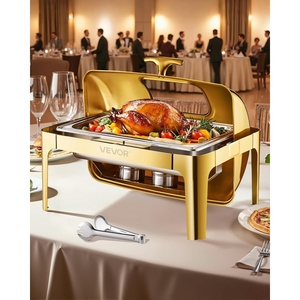 VEVOR Roll Top Chafing Dish Buffet Complete Set, 9Qt Stainless Steel Chafer with Full Size Pan, Rectangle Catering Warmer Server with Visible Lid Water Pan Folding Stand Fuel Holder Meal Clip, Gold(Gold)