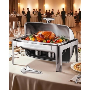 VEVOR Roll Top Chafing Dish Buffet Complete Set, 9Qt Stainless Steel Chafer with Full Size Pan, Rectangle Catering Warmer Server with Visible Lid Water Pan Folding Stand Fuel Holder Meal Clip, Gold(Silver)
