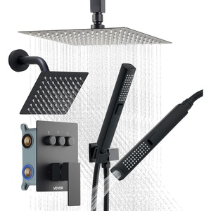 VEVOR Shower Faucet Set, 10 Inch Ceiling Mount Rainfall Shower System with 6 Inch Wall Mount Head and 2 in 1 Handheld Spray, Rotatable 3-Function Dual Rain Head Brass Valve and Trim Kit, Matte Black