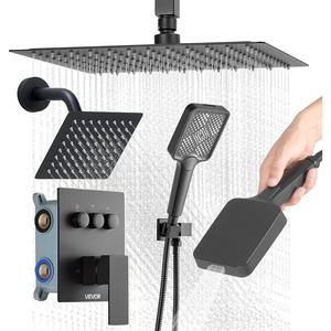VEVOR Shower Faucet Set, 12 Inch Ceiling Mount Rainfall Shower System with 6 Inch Wall Mount Head and 4 in 1 Handheld Spray, Rotatable 3-Function Dual Rain Head Brass Valve and Trim Kit, Matte Black