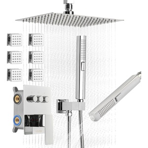 VEVOR Shower Faucet Set, 12 Inch Thermostatic Ceiling Mount Rainfall Shower System with 6 Inch Wall Mount Head and 2 in 1 Handheld Spray, 3-Function Dual Rain Head Brass Valve & Trim Kit, Matte Black(Chrome)