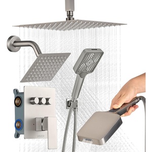 VEVOR Shower Faucet Set, 12 Inch Thermostatic Ceiling Mount Rainfall Shower System with 6 Inch Wall Mount Head and 2 in 1 Handheld Spray, 3-Function Dual Rain Head Brass Valve & Trim Kit, Matte Black(Brushed Nickel)