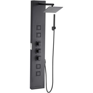 VEVOR Shower Panel Tower System with Rainfall Shower Head, 49 in Brushed Stainless Steel Shower Column, 4-Function Faucet, Wall-Mount Rain Massage System, with 4 Body Jets, Handheld, and Tub Spout(Adjustable Angle Top Spray – Black)