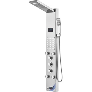 VEVOR Shower Panel Tower System with Rainfall Shower Head, 53 in Brushed Stainless Steel Shower Column, 3-Function Faucet, High Pressure Wall-Mount Rain Massage System, with Large Body Jet, Handheld(Silver – Fixed Top Spray – 5 Body Jets – Display Screen)