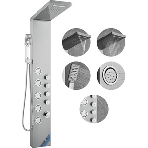 VEVOR Shower Panel Tower System with Rainfall Shower Head, 53 in Brushed Stainless Steel Shower Column, 3-Function Faucet, High Pressure Wall-Mount Rain Massage System, with Large Body Jet, Handheld(Silver – Fixed Top Spray – 5 Body Jets)