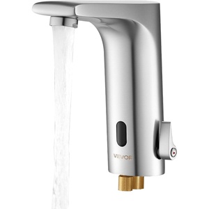 VEVOR Touchless Bathroom Sink Faucet, Automatic Motion Sensor Waterfall Restroom Toilet Faucet with Hole Cover Plate, Battery Operated,Hot/Cold Water for 9/16 in Pipe Commercial Lavatory,Matte Black(Brushed Nickel)