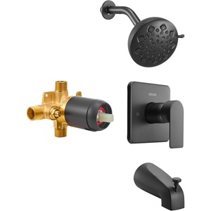 VEVOR Tub and Shower Faucet Set, Complete with 4-Inch Rainfall Shower Head and Bathtub Spout, Single-Spray Single-Handle Tub Trim Kit with 304 Stainless Steel Valve Trim for Bathrooms, Matte Black(Matt Black)